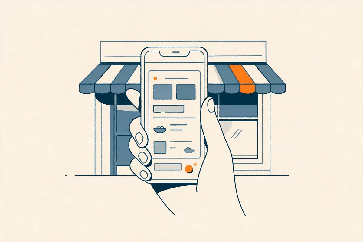 Une main tient un téléphone qui affiche la carte d’un restaurant, devant la devanture de ce même restaurant.