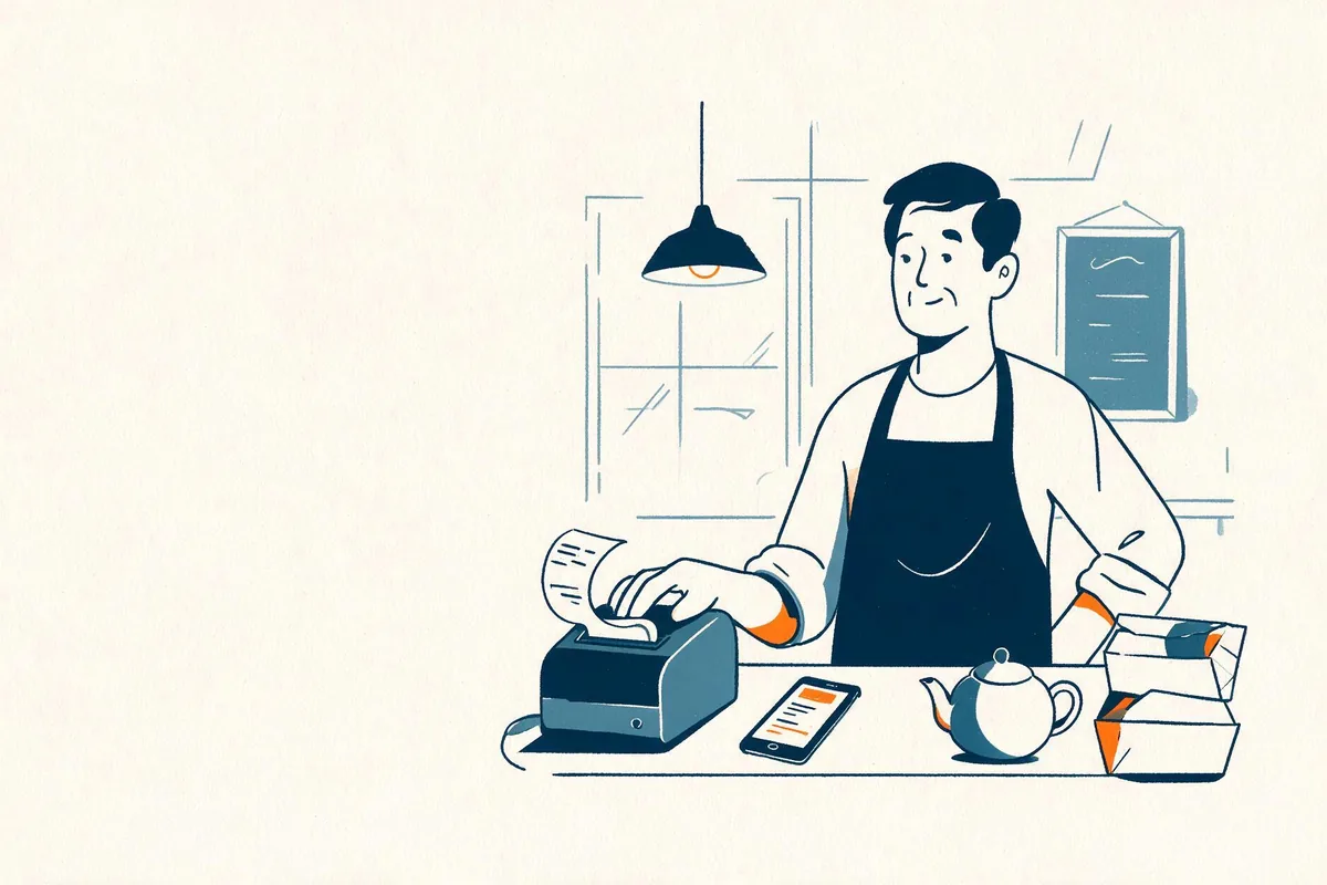 Un restaurateur derrière son comptoir, la main sur l’imprimante à tickets d’où sort une commande.